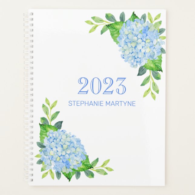 2021 Modern Floral Blue Hydrangea Personalized Planner (Front)