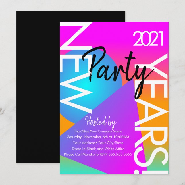 2021 New Years Party Gradient Neon Shapes Invitation (Front/Back)
