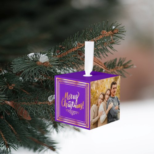 2021 Purple Family Christmas Photo Cube Ornament