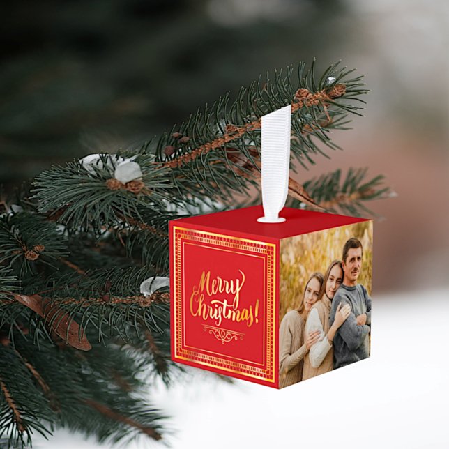 2021 Red Family Christmas Photo Cube Ornament (Creator Uploaded)