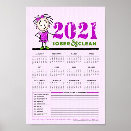2021 Sober  Clean Recovery Yearly Calendar Poster