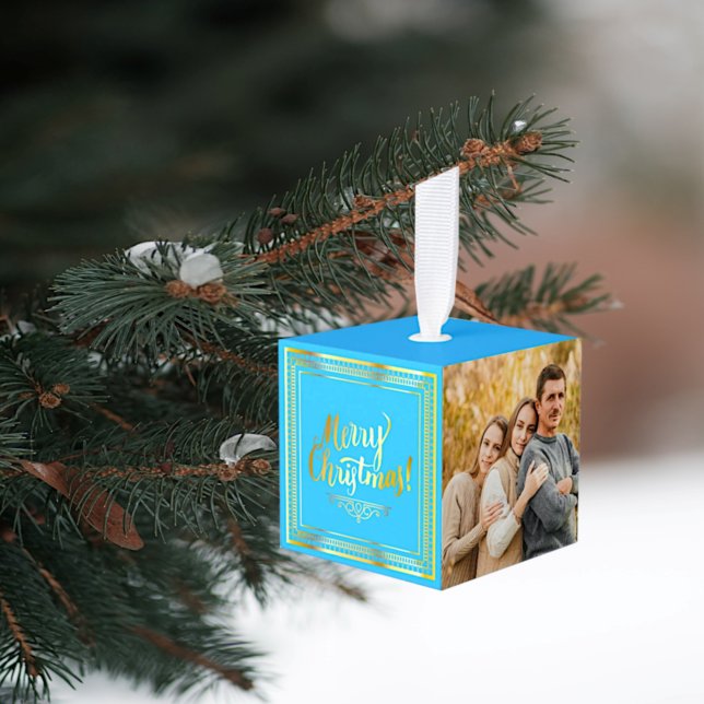 2021 Turquoise Family Christmas Photo Cube Ornament (Creator Uploaded)