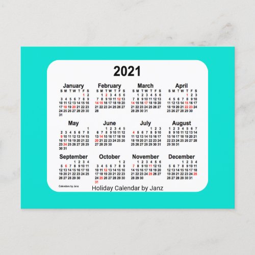 2021 Turquoise Holiday Mini Calendar by Janz