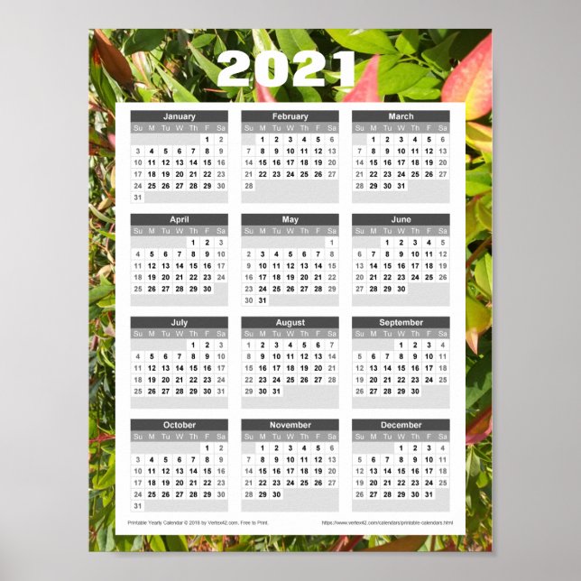 2021 Wall Calendar. Green Leaves Poster (Front)