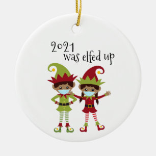 2021 Was Elfed Up Covid Face mask Ethnic Elf Ceramic Ornament