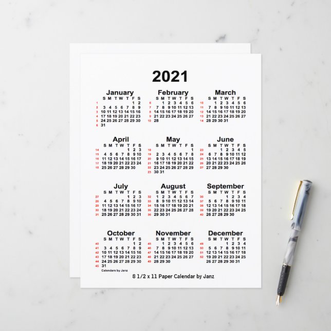 2021 White 52 Week Calendar by Janz 8.5x11 Paper (Front/Back In Situ)