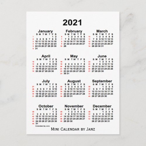 2021 White 52 Week Calendar by Janz Postcard