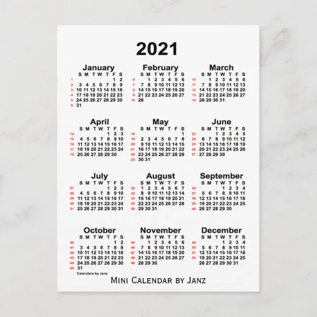 2021 White 52 Week Calendar By Janz Postcard Zazzle 0811