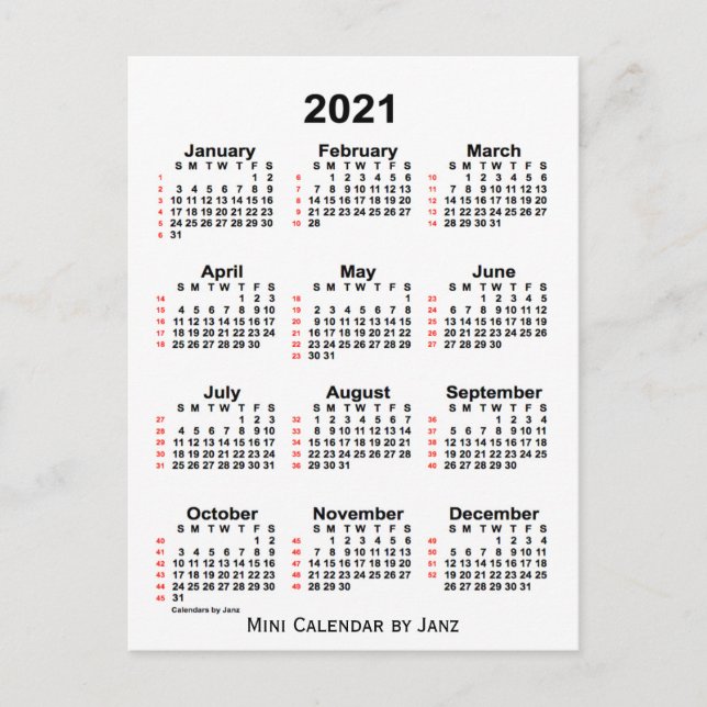 2021 White 52 Week Calendar by Janz Postcard (Front)