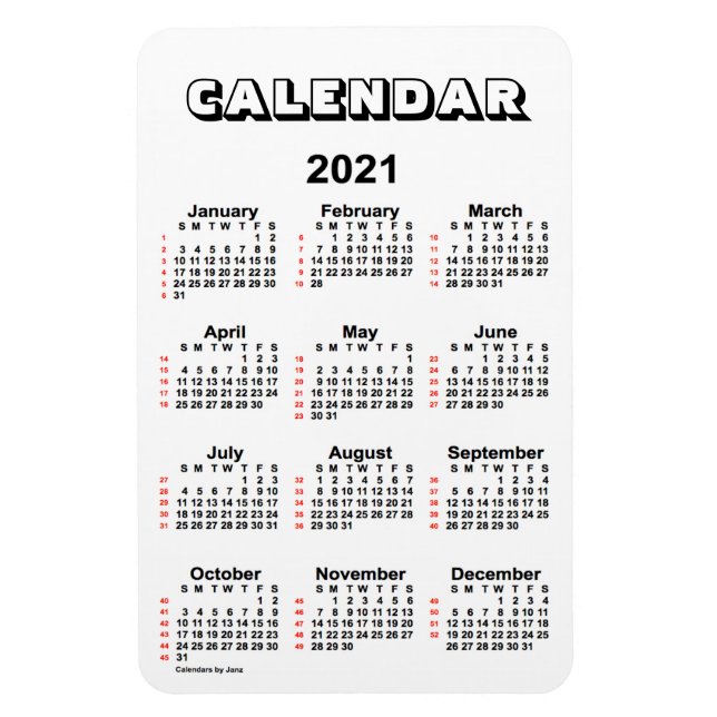 2021 White 52 Weeks Calendar by Janz 4x6 Magnet (Vertical)