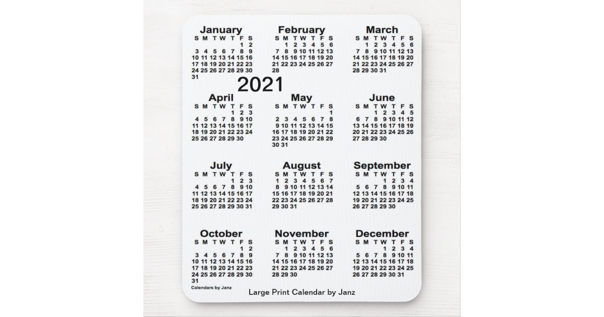 2021 white large print calendar by janz mouse pad zazzle com