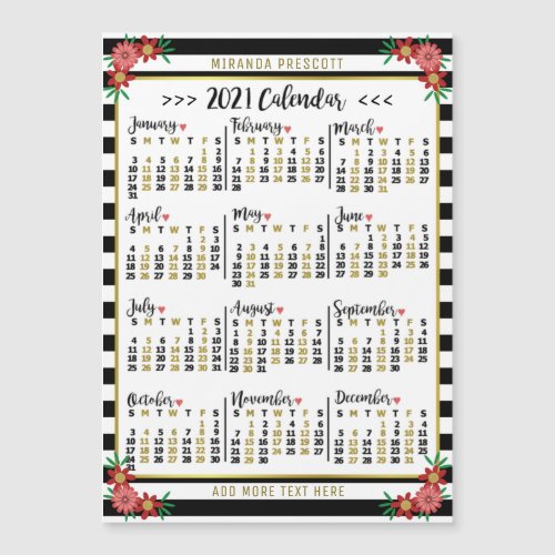 2021 Year Calendar Black Stripe Floral Name Magnet