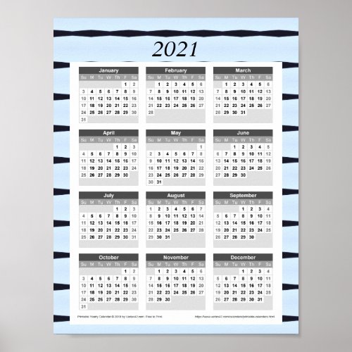 2021 Year Calendar Blue with Black Lines Poster
