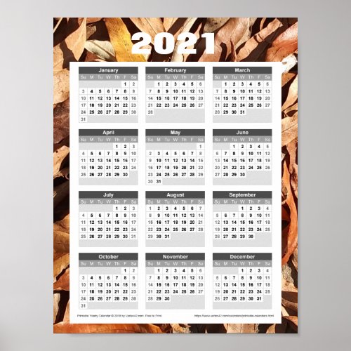 2021 Year Calendar Brown Leaves Poster