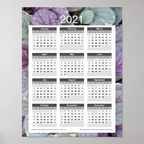 2021 Year Calendar _ Purple Leaves Poster