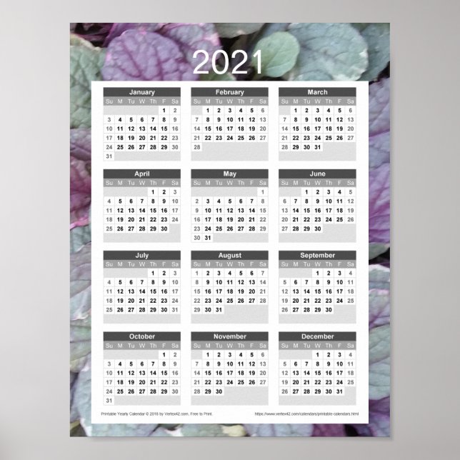 2021 Year Calendar - Purple Leaves Poster (Front)