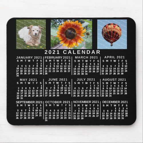 2021 Year Monthly Calendar Black Custom 3 Photos Mouse Pad