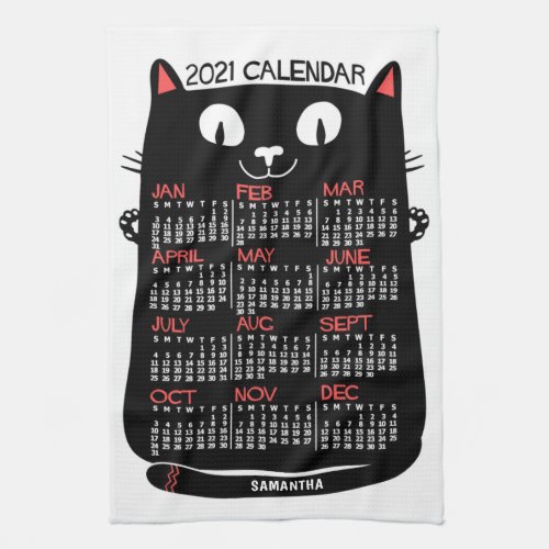 2021 Year Monthly Calendar Mid_Century Black Cat Kitchen Towel