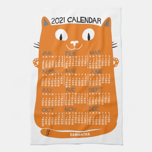 2021 Year Monthly Calendar Mid_Century Orange Cat Kitchen Towel