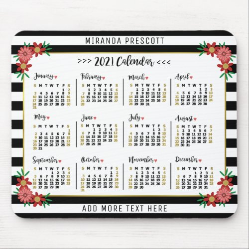 2021 Year Monthly Calendar  Preppy Floral Stripes Mouse Pad