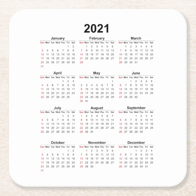 2021 Year Monthly Calendar Square Paper Coaster (Front)