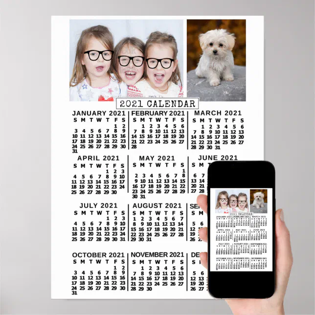 2021 Year Monthly Calendar White | Custom Photos Poster | Zazzle