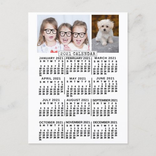 2021 Year Monthly Calendar White  Photo Template Postcard