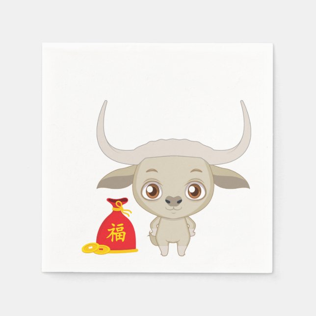 2021 Year of the White Ox Cartoon Red Sack Napkins (Front)
