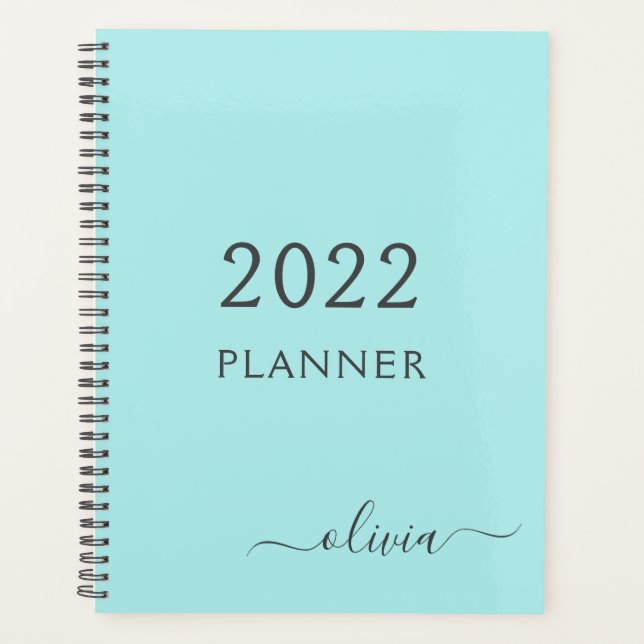2022 Aqua Blue Teal Girly Script Monogram Name Planner (Front)
