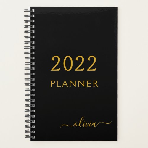 2022 Black Gold Girly Script Monogram Name Modern Planner