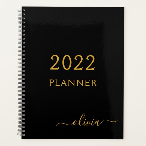 2022 Black Gold Girly Script Monogram Name Modern Planner