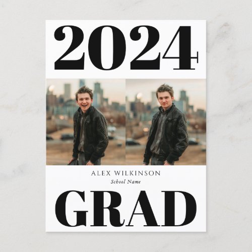 2022 Black White Modern Simple Script 2 Photo Grad Announcement Postcard