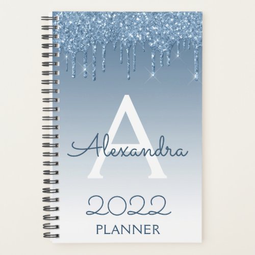 2022 Blue Glitter Drips Sparkle Monogram Planner