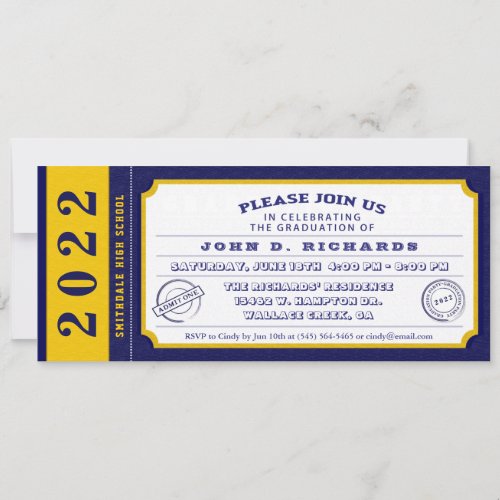 2022 Blue Gold Ticket Graduation Party Invitation