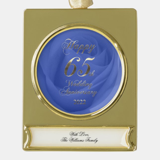 2022 Blue Sapphire Wedding 65th Anniversary Gold Plated Banner Ornament (Front)