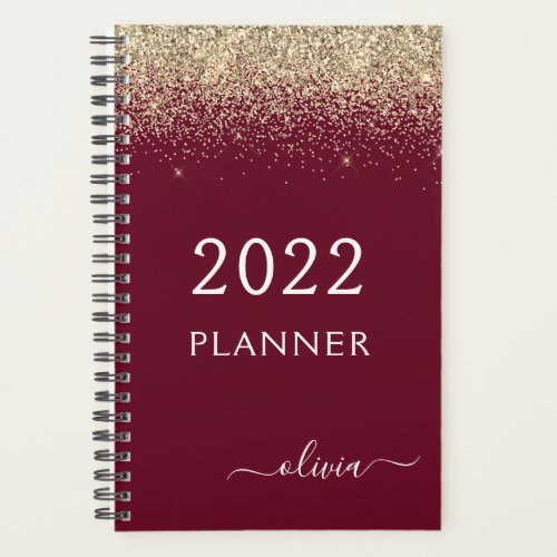 2022 Burgundy Gold Glitter Girly Monogram Glam Planner