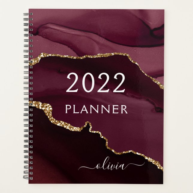 2022 Burgundy Purple Gold Agate Geode Script Planner (Front)