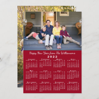 2022 Calendar 2 Custom Photos Red Happy New Year Holiday Card