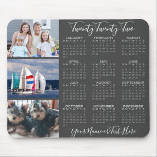 2022 Calendar 3 Photo Collage Stylish Script Gray Mouse Pad