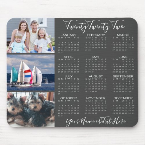 2022 Calendar 3 Photo Collage Stylish Script Gray Mouse Pad