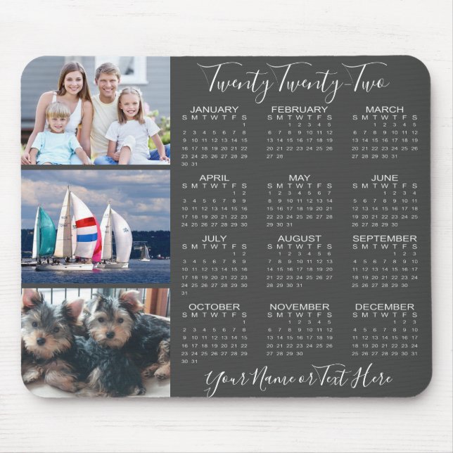 2022 Calendar 3 Photo Collage Stylish Script Gray Mouse Pad (Front)