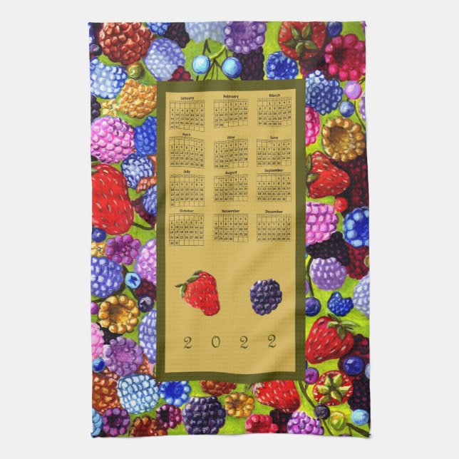 2022 Calendar Berries Border Strawberry Blackberry Kitchen Towel (Vertical)