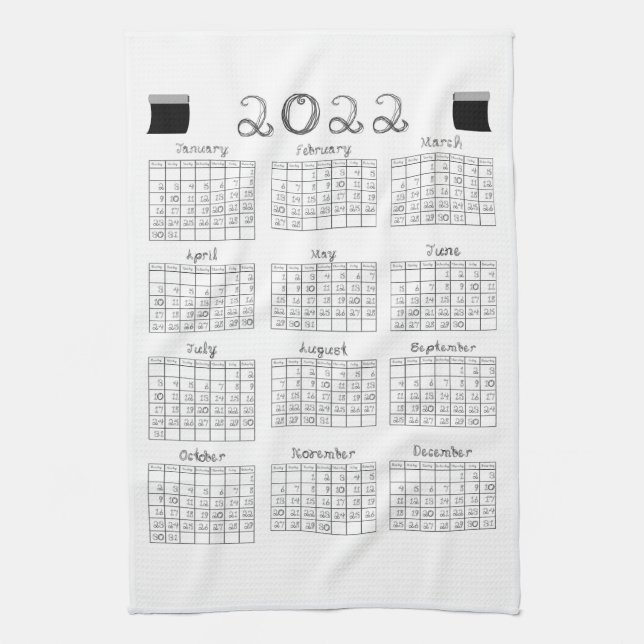 2022 Calendar Black Fabric Font Line Art Textiles Kitchen Towel (Vertical)