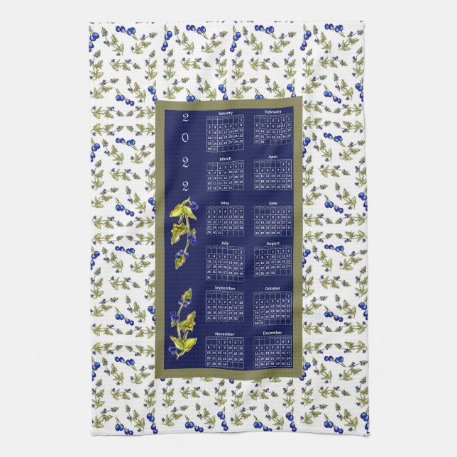 2022 Calendar Blueberries Stemmed Leaves Border Kitchen Towel (Vertical)