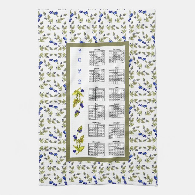 2022 Calendar Blueberries Stemmed Leaves, white Kitchen Towel (Vertical)