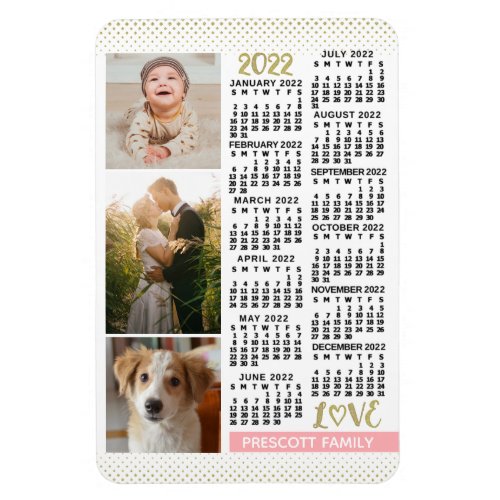 2022 Calendar Blush Pink Gold Family Photo Collage Magnet