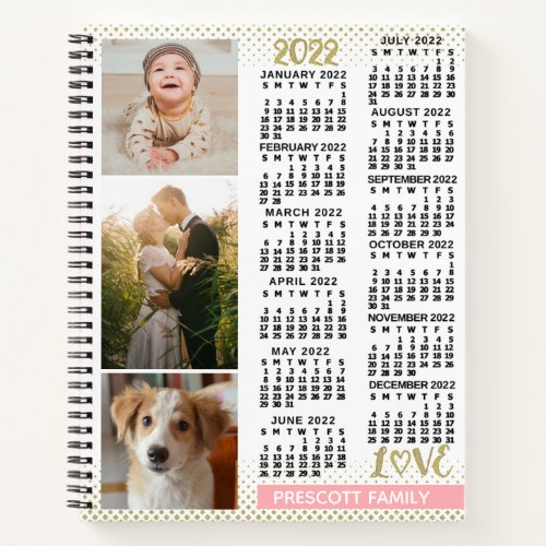 2022 Calendar Blush Pink Gold Family Photo Collage Notebook