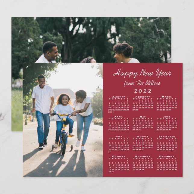 2022 Calendar Burgundy 2 Photo Happy New Year Holiday Card (Front/Back)