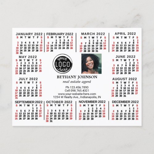 2022 Calendar Business Logo Photo Text Easy Custom Postcard