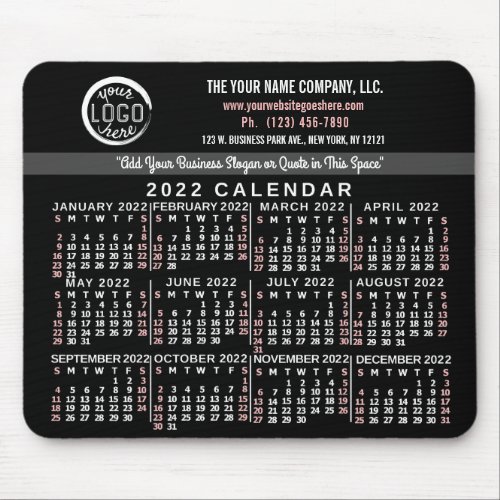 2022 Calendar Custom Business Logo Name Black Red Mouse Pad